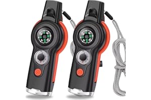 Altimod 2 PCS Emergency Survival Whistle 7-in-1 Safety Whistle with Compass Thermometer LED Light Magnifier Reflector Mirror for Outdoor Boating Hiking Camping Bushcraft Hunting Gift