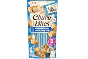 INABA Churu Bites Bocconcini di Pollo con Cuore di Tonno e Capesante - 1 Pack (3 Stick x 10gr) - Snack per Gatti Morbido e Cremoso, Cibo per Gatti Senza Conservanti o Coloranti Artificiali, Grain-Free