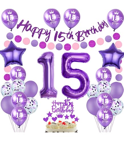 Fascia per il 15° compleanno con corona da principessa e regina tiara con strass, decorazione per torta numero 15, palloncini ad elio, palloncino in lattice viola, decorazione per 15 anni, decorazione