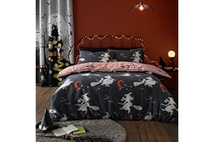 Bedlam - Halloween Kids Glow in the Dark Duvet Set - Flying Witches - Double Bed Set in Charcoal