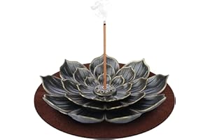 DK177 1 Stück Räucherstäbchen Halter, Lotus Messing Incense Stick Holder,Lotus Weihrauchbrenner 6 Loch Spirituelle Deko Meditation Zubehör mit Abnehmbarem Aschefänger und Matte