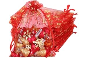 HooAMI 25 Pieces Snowflake Christmas Organza Gift Bags Wedding Favor Bags Jewellery Pouches 12cmx16cm, Red