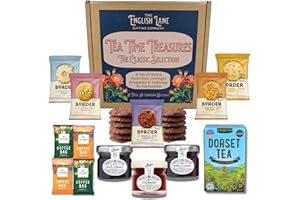 THE ENGLISH LANE GIFTING COMPANY Afternoon Tea Hamper Gift Set – British Tea & Coffee with Dorset Sunshine, Coffee Bags, Borders Biscuits & 3 Jams – Luxury Food Basket for Her, Him, Birthday or Holiday