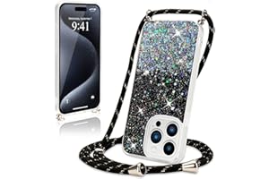 Wirvyuer Handykette Hülle für iPhone 15 Pro Max Handyhülle mit Kordel Glitzer Schutzhülle mit Band zum Umhängen Halskette Silikon Case mit Schnur für iPhone 15 Pro Max Schwarz