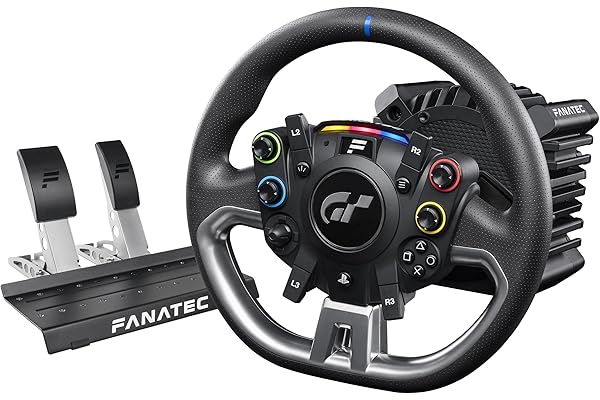 FANATEC CSL Elite Volante de Carreras, Base y Pedales Licencia Oficial Gran Turismo DD Pro Playstation – Volante Polyphony Digital, FluxBarrier Direct Drive, Juego de dos Pedales para PC, PS5, PS4