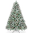 GGEROU 6 FT/1.8m Christmas Tree,Flocked Artificial Christmas Tree w/ 1200 Frosted Branch Tip & Pine Cones & Berries,Spruce Full Tree w/Metal Stand for Home Office Party New Year Decoration (6 FT)