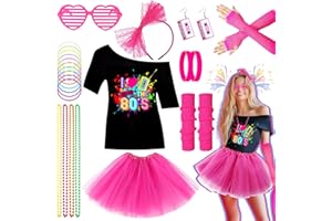 GLIROP 10Pcs 80s Accessories Set for Women, Retro Fancy Dress with Tutu Skirt Leg Warmers Fishnet Gloves Earrings Lace Headband Glasses Bracelet for Girls 1980s Costume Outfit Hen Do Party