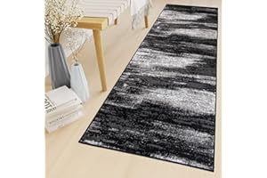 ‎TAPISO TAPISO Maya Teppich Läufer Meterware Kurzflor Wohnzimmer Flur Küche Modern Brücke Grau Weiß Schwarz Verwischt Meliert Design ÖKOTEX 70 x 120 cm
