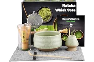 DULEIAU RAVFD Matcha Kit (7pcs), Juego de té japonés, Batidora de Matcha de Bambú, Cuenco de Matcha, Cuchara, Colador, Portacucharas, Soporte para la Batidora,Kit de Ceremonia Matcha -Abierto Gris-Verde