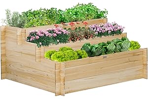 Outsunny Jardinière sur Pieds à 3 Niveaux carré Potager de Jardin avec 9 Compartiments en Tissu Non tissé et Bois de Sapin dim. 117L x 100l x 54H cm Bois Naturel