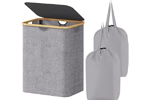 Lifewit 120 L tvättkorg med lock, klädkorgar för tvätt med bambuhandtag och en avtagbar tvättväska, stor hopfällbar tvättkorg