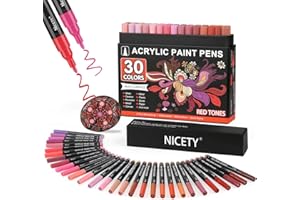 NICETY 30Pcs Feutre Acrylique - marqueur peinture acrylique Verre pour Bois, Toile, Verre, Céramique - Acrylic Paint Marker à base d'eau à 0,7 mm Extra Pointe Fine (Rouge)