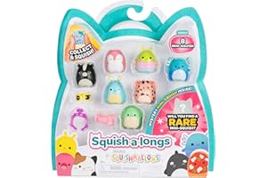 Squish-a-longs Mini-Squish - Paquete de 8 (Onda 3, Estilo 1) - Skunk, Pink Penguin, Blue Axolotl, Accesorios y más