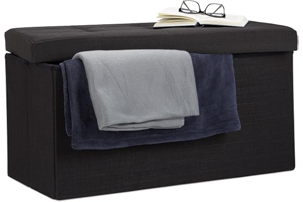 Relaxdays hopfällbar sittbänk XL, svart | med förvaring, sittkub i linne med fotstöd och förvaringslåda, 38x76x38 cm