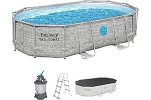 Bestway Power Steel Swim Vista Series Frame Pool Komplett-Set mit Sandfilteranlage 488 x 305 x 107 cm, Steinwand-Optik (Cremegrau), oval