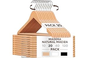 Mundo Home 20X Perchas Madera Natural Maciza para Ropa - Colgadores de Madera con Gancho Giratorio 360º - Perchas Ropa para Pantalones, Camisa, Traje, Vestidos - Colgadores Antideslizantes