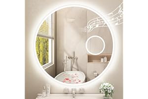 STARLEAD 80cm Specchio-Rotondo-Bagno-con-Luce e Ingrandimento 5x, Bluetooth, Dimmerabile, 3 Colori Luce, Antiappannamento, Funzione Memoria, IP44, HD Vetro Temperato