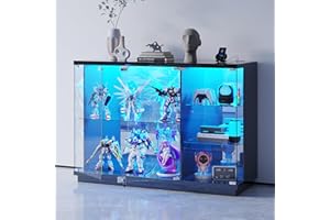 OUTDOOR DOIT Glass Display Cabinet with Lock & LED Light, High Gloss Sideboard with Human Body Sensor & Glass Shelves for Toys, Books, Collectibles, Liquor, Bookcase for Living Room, Kitchen, Study, Black