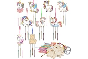 WEDNOK 9 Pack Unicorns Wind Chime Kit for Kids Make Your Own Unicorn Wind Chime Wooden Arts and Crafts for Girls Boys DIY Paint for Art Activity Party Decoration Bithday