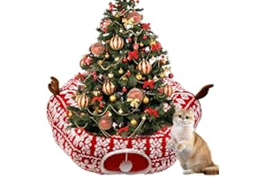 YUMSUR Christmas Cat Tunnel with Bed， Foldable Pet Donut Tunnel Bed with Ball & Peek Holes，Decorative Christmas Style ，Under Christmas Tree Cave Kitten Toy Gift ，Perfect for Festive Felines Rabbits and Puppi
