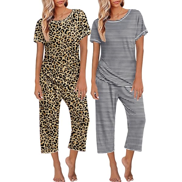 YIJIU Women's Soft Cat Print Pajama Set - Short Sleeve Top & Capri Pants, 95% Polyester 5% Spandex, Queen/XX-Large - View #2