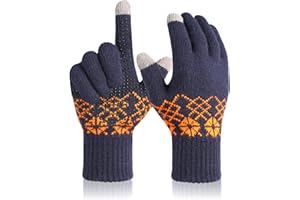 Donfri Touch Screen Knit Gloves Non-Slip Palm Winter Gloves Brushed Lining Soft and Warm Cuffed Windproof Warm Gloves（Navy Blue）