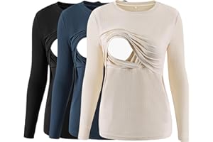 Love2Mi 3er Pack Damen Stillshirt Gerippte Langarm stilltops Doppellagige Umstandsmode Tshirt Umstandskleidung