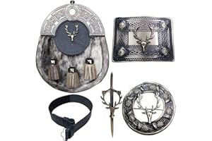 HOUSE OF HIGHLAND 77 Ceinture de kilt avec boucle - Kilt écossais - Sporran avec badge - Tête de cerf - Broche à kilt - 5 pièces