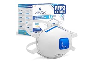 VEVOX® Mascarilla FFP3 – Lote de 5 – Mascarillas antipolvo con válvula para el trabajo, para pintores y para alergia – Protección contra el polvo fino, el moho y el amianto