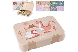 BEARFOOT Brotdose Kinder mit Fächern, BPA frei, Lunchbox, Bento box, Brotbox, Brotdose Mädchen & Jungen, Snackbox mit Trennfächern, Vesperbox für Kindergarten, Schule, groß (Beige - Dinos)