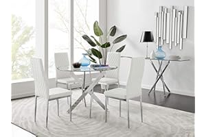 Furniturebox UK Novara Modern Round Chrome Metal and Clear Glass Dining Table and 4 Stylish Faux Leather Chrome Leg Milan Dining Chairs Set (Dining Table + 4 White Milan Chairs)