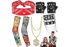 BENATON 6 Stücke Punk Gotik Rocker Kit, 80er 90er Hip Hop Kostüm Set, Mit Punk Kette Lederarmband Tattoo Ärmel Handschuhe Nieten Punk Schwarze Sonnenbrille, Für Männer Frauen Punk Rocker Party Cosplay