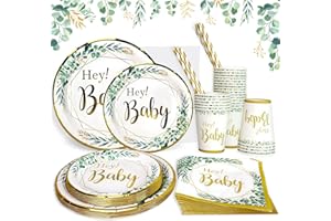 Heboland Baby Shower Vaisselle de Fête Assiette,125pcs Neutre Bapteme Vaisselle Vert Sauge, Fournitures pour Baby Shower Decoration