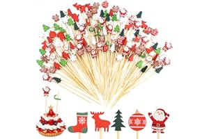 FANTASYON 200 Piezas Navidad Pinchos de Cocktail, Palillos de Cócteles de Navidad 13cm, Brochetas de Frutas de Papá Noel, Árbol de Navidad, Alce, Copo de Nieve, Bar Invierno de Navidad Fiesta Cóctel Decoración