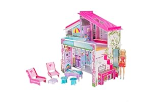 LISCIANIGIOCHI Lisciani - Casa de Muñecas - BARBIE Villa de Vacaciones con Muñeca - Juego de Imaginación - Casa De Cartón Para Montar Y Decorar - Ocio Creativo - Para Chicas De 4 Años