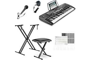 Crystals 61-Key Electric Keyboard Digital Piano Instrument Set with Microphone, Double Braced Adjustable Stand & Padded Stool - Portable Keyboard for Beginner Musicians - Black