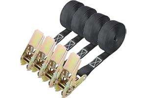 LOLYSIC 4Pcs Ratchet Straps, 25mm x 6M Heavy Duty Ratchet Tie Down Straps, 800KG No Hook Endless Ratchet Tensioning Belts for Motorcycle Motorbikes Van Securing Cargo Luggage, Black