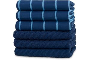 ATEN Homeware Pure Cotton Kitchen Towels Set - Stylish 6 Pack with 3 Tea towels 50x70cm & 3 Kitchen towels 50x50cm - 100% Ring Spun Egyptian Cotton - Plush, Super Soft & Highly Absorbent (Dark Blue)