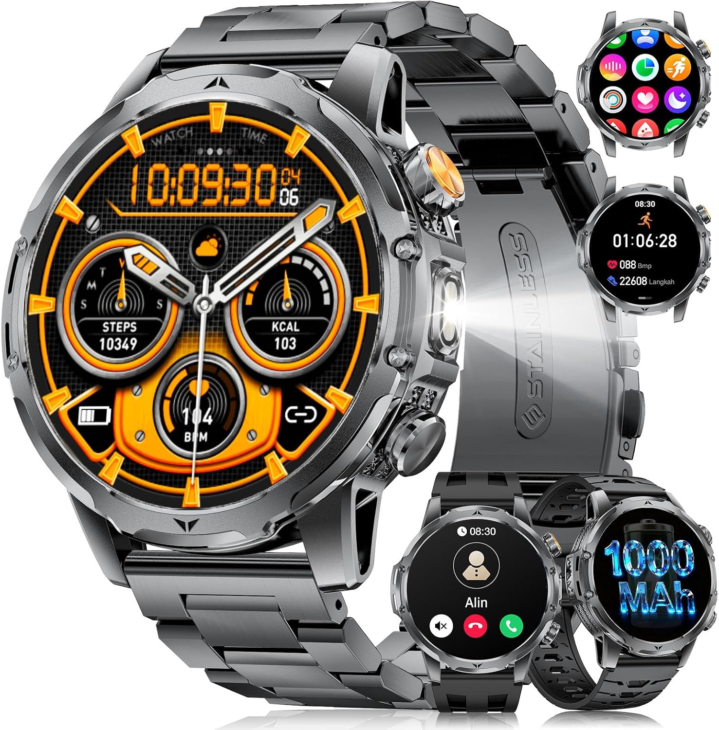 FitVigor Military Smart Watch for Men, 1.53" Fitness Tracker with 1000 mAh Ultra-Long Battery/Flashlight/Bluetooth Calling/Health Monitor / 120+ Sports Modes / IP68 Waterproof for iOS Android, Black