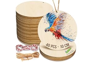 Crocowood 40 PCs Unfinished Wooden Circles, 10cm with Hole - Pyrography Wood Circles for Crafts & Painting - Wooden Discs Set with Jute Twine & Color Rope