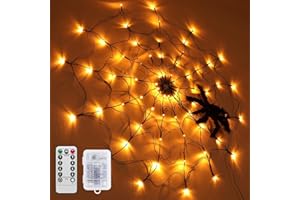 SHYOSUCCE Decoración de Halloween Luces de Tela de Araña, 1 M de Diámetro, Luces Telaraña con 70 LED Luces, Araña Negra, Control Remoto para Fiesta, Patio, Bar, Casa Embrujada