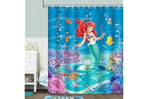 Bonhause Cortina de Ducha Sirena Coral Azul Océano 180 x 180 cm Cortina de Baño de Poliéster Impermeable Antimoho Lavable Cortina Ducha con 12 Ganchos