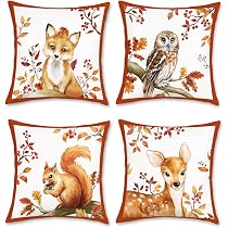 Lot De 4 Housses De Coussin Velours 45x45 Cm Motif Automne Feuilles Écureuil Citrouille - Déco Salon Chambre, Fermeture à Glissière Cachée