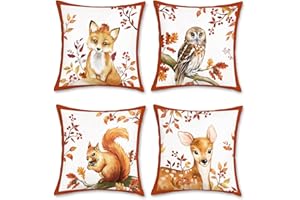 Bonhause Federe per Cuscini Animali Autunnali 45 x 45 cm Copricuscini Decorativi Volpe Gufo Scoiattolo Cervo Velluto Morbido Federa per Cuscino Camera per Bambini Decorazione Set di 4