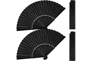GREVOSEA 2 Pcs Folding Hand Fan, Black Nylon-Cloth Vintage Retro Fabric Fans Hand Held Fan Chines/Spanish Foldable Fan for Men/Women Wedding Party Favor Performance Dance Home Decorations Festival Gift