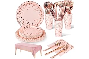 NKAISO 141 Stück Rosegold Partygeschirr, Pappteller Kindergeburtstag Set, ​Geburtstag Party Geschirr, Partyzubehör Papier Geschirr Set einschließlich Teller Becher Wiederverwendbares Geschirr -20 Gäste