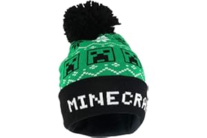 POPGEAR Minecraft The Creeper Fair Isle Beanie with Pom, Kids, One Size, Green, Official Merchandise