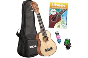 CASCHA Sopran Ukulele, Massive Fichtendecke, Solid Top, Hawaii Gitarre Starter Lern Set mit Zubehör, Aquila-Saiten, Anfänger Buch, Tasche, Stimmgerät und 3 Plektren