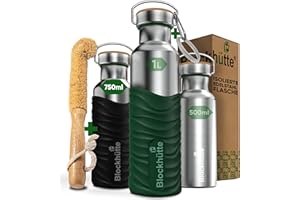 Blockhütte Butelka na napoje ze stali nierdzewnej, 750 ml, nadaje się do napojów gazowanych, szczelna, bez BPA, metalowa, termos z silikonowym płaszczem, dla dzieci, dorosłych, do uprawiania sportu