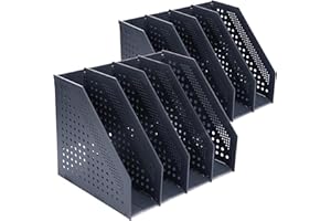 FRETONBA Magazine Rack Folding Bookshelf, 2 Pcs File Holder Vertical with 4 Compartments, Book Holder for Office Storage and Organiser, Desktop Bookshelf for School, Library, Office, Dark Grey